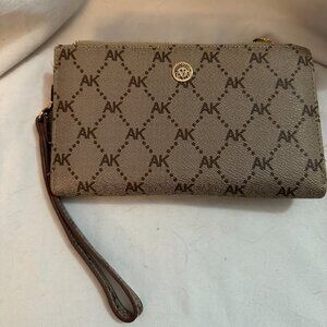 Anne Klein AK Logo Wallet Wristlet Zip Around Brown Tan Monogram Organizer